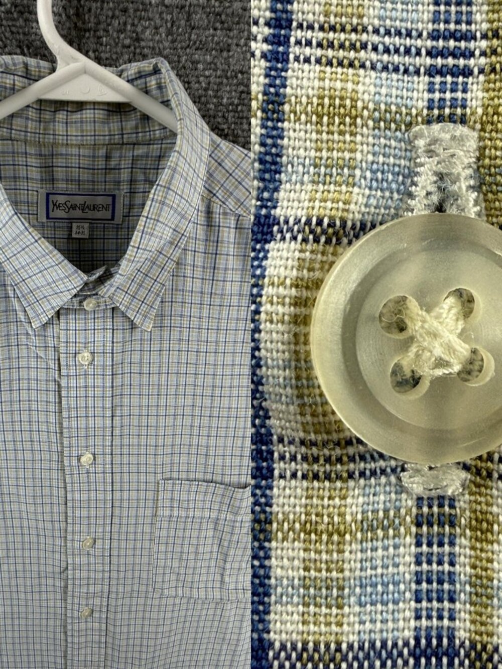 YSL Yves Saint Laurent Shirt 16.5 34-35 Plaid Blue Green Long Sleeve Tab Collar
